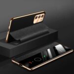 XOOMZ Electroplating Series Cross Texture View Window Genuine Leather Phone Cover for Huawei P40 – Black