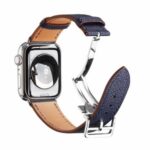 Folding Buckle Genuine Leather Smart Watch Strap [Silver Buckle] for Apple Watch SE/Series 6/5/4 40MM / Series 3/2/1 38mm – Dark Blue