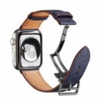 Genuine Leather Replace Strap for Apple Watch SE/Series 6/5/4 44mm / Series 3/2/1 42mm Black Folding Buckle – Sapphire Blue